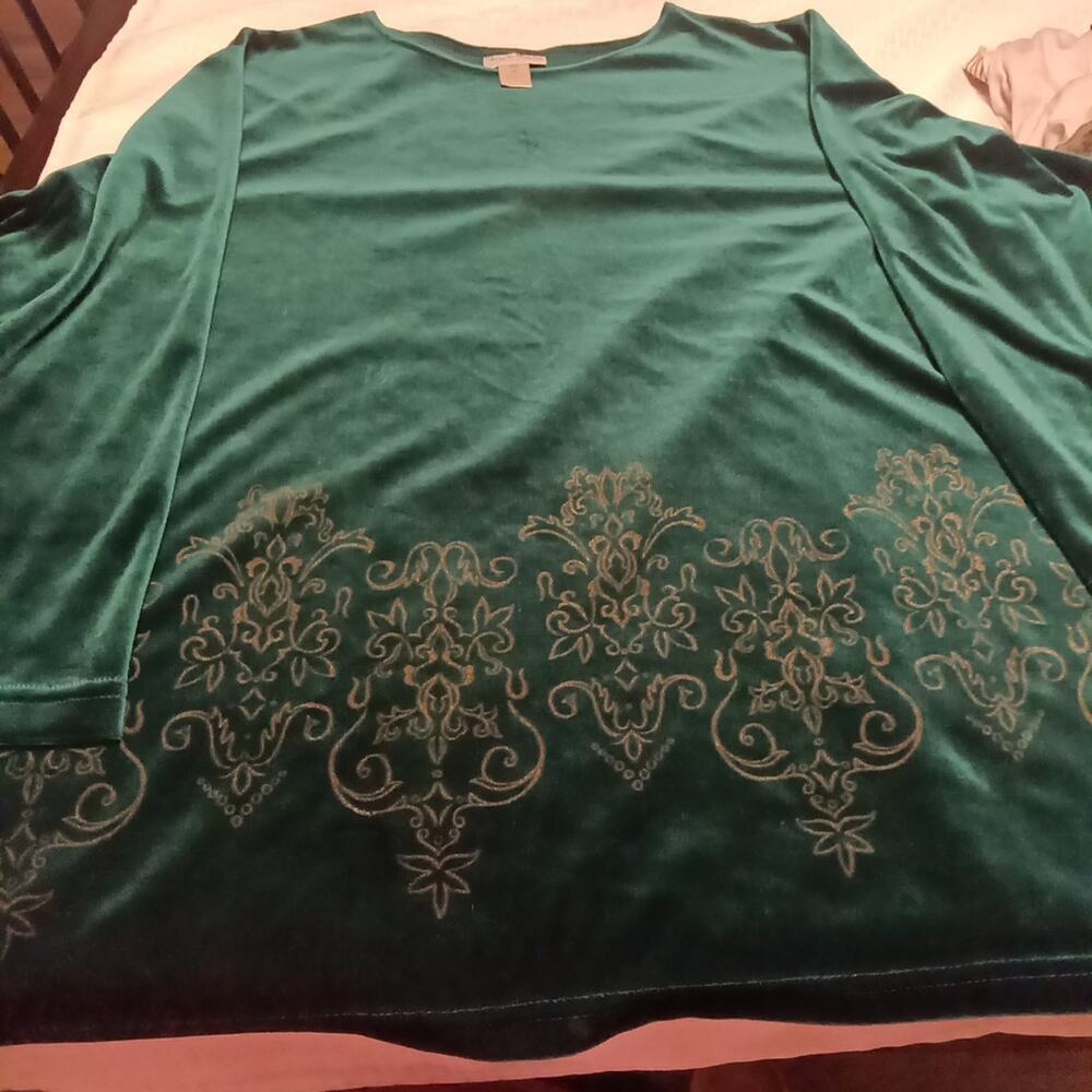Diane von Furstenberg 2XL Velvet Burnout Top Blouse Green Christmas Holiday
